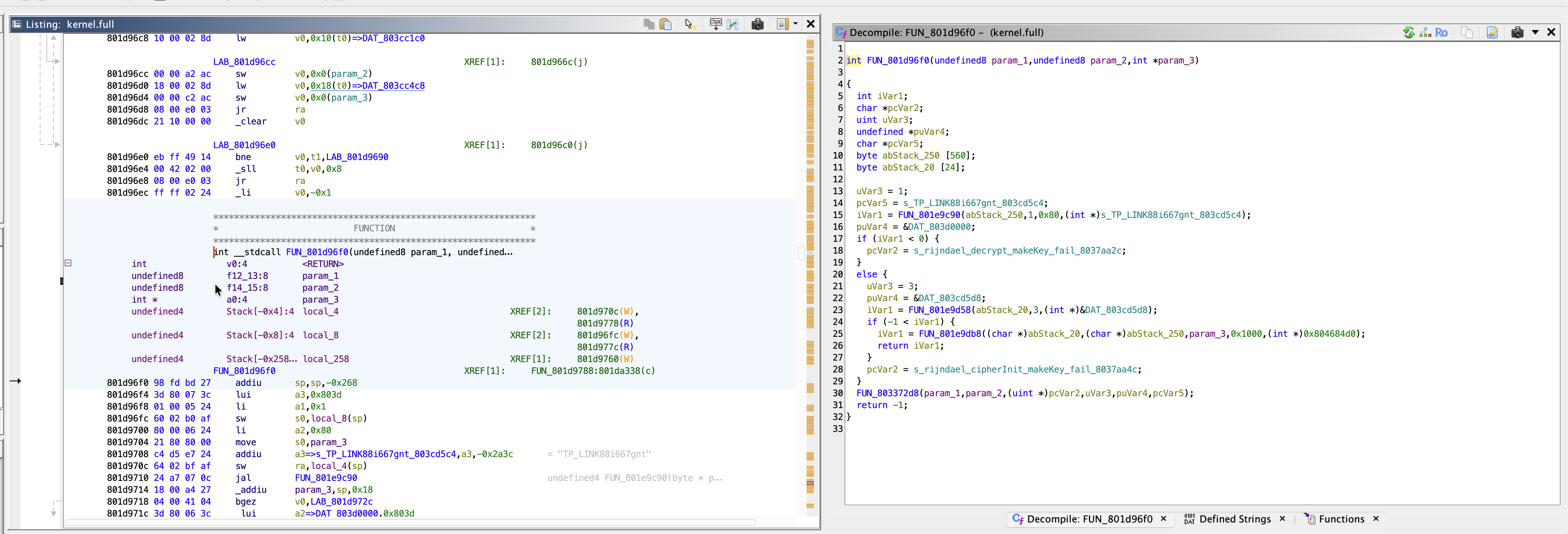 The decompiled AES helper in Ghidra
