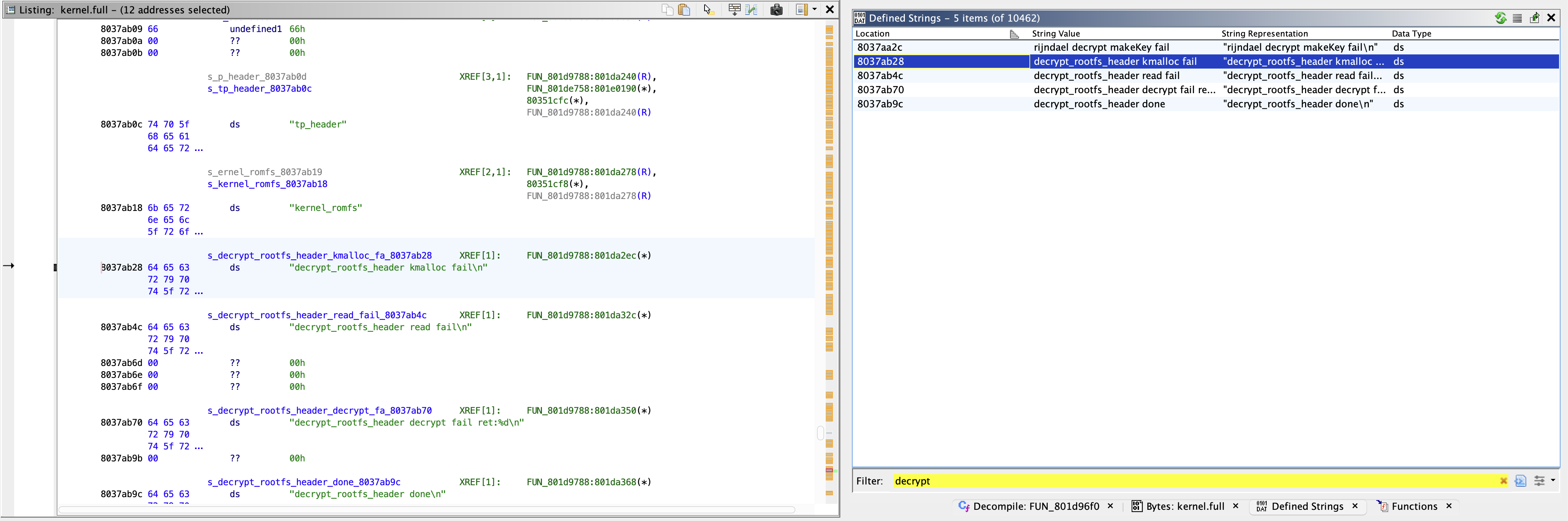 The XREF lands in the RedBoot / header-reading routine, not the cipher
