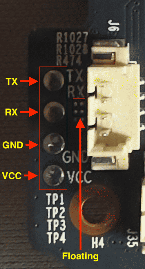 The three UART test points on the board: TX, RX, GND