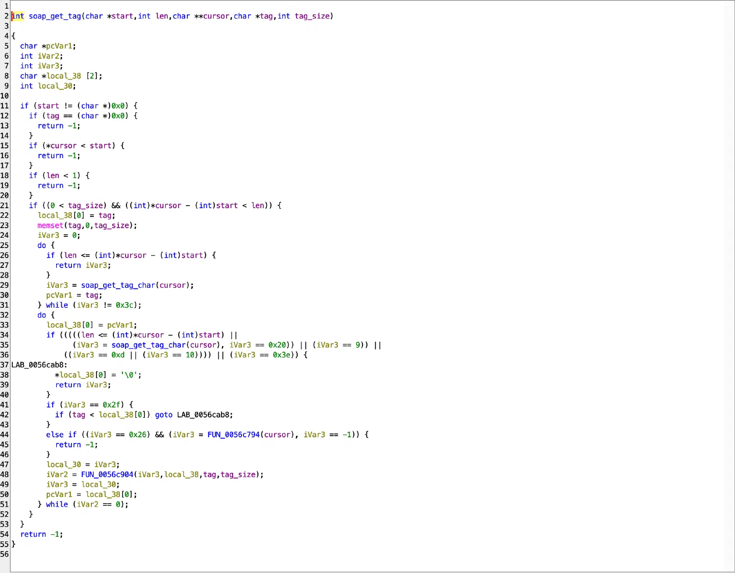 Ghidra decompilation showing the SOAP parser checking its cursor before passing it to the byte reader