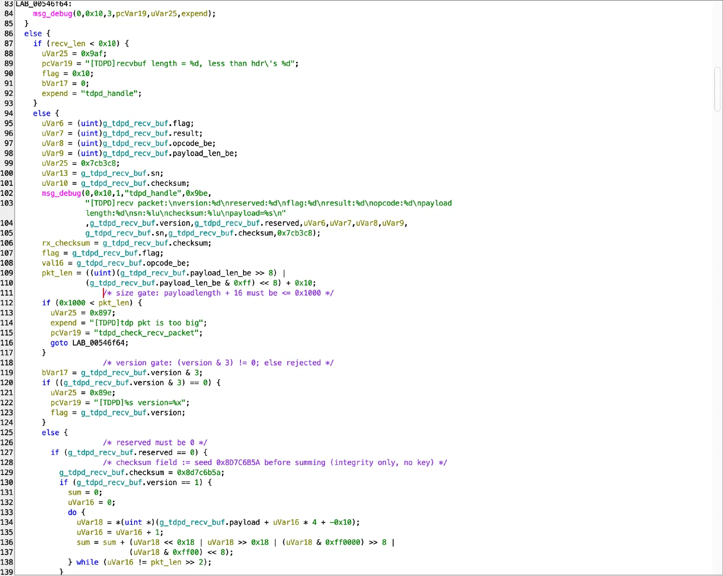 Ghidra decompilation showing the TDP packet length, version, reserved-byte, and checksum checks
