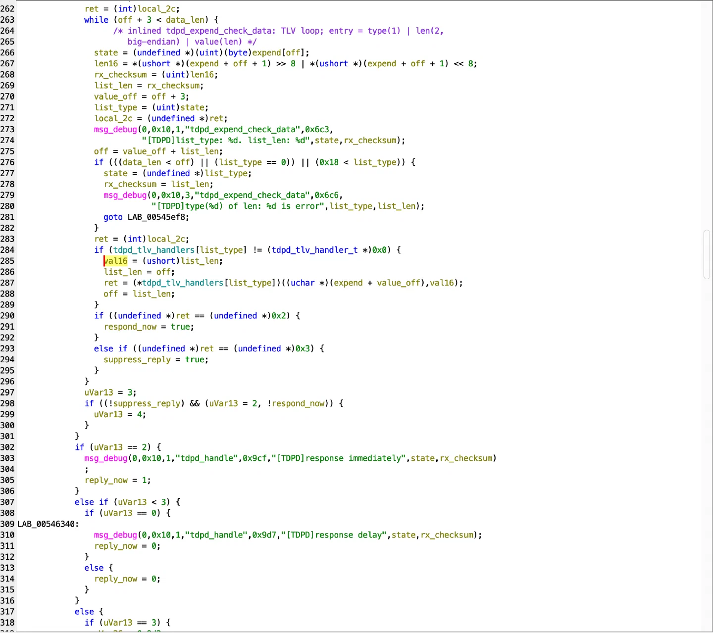 Ghidra decompilation of the TDP TLV loop, accepting types through 24 before indexing the handler table